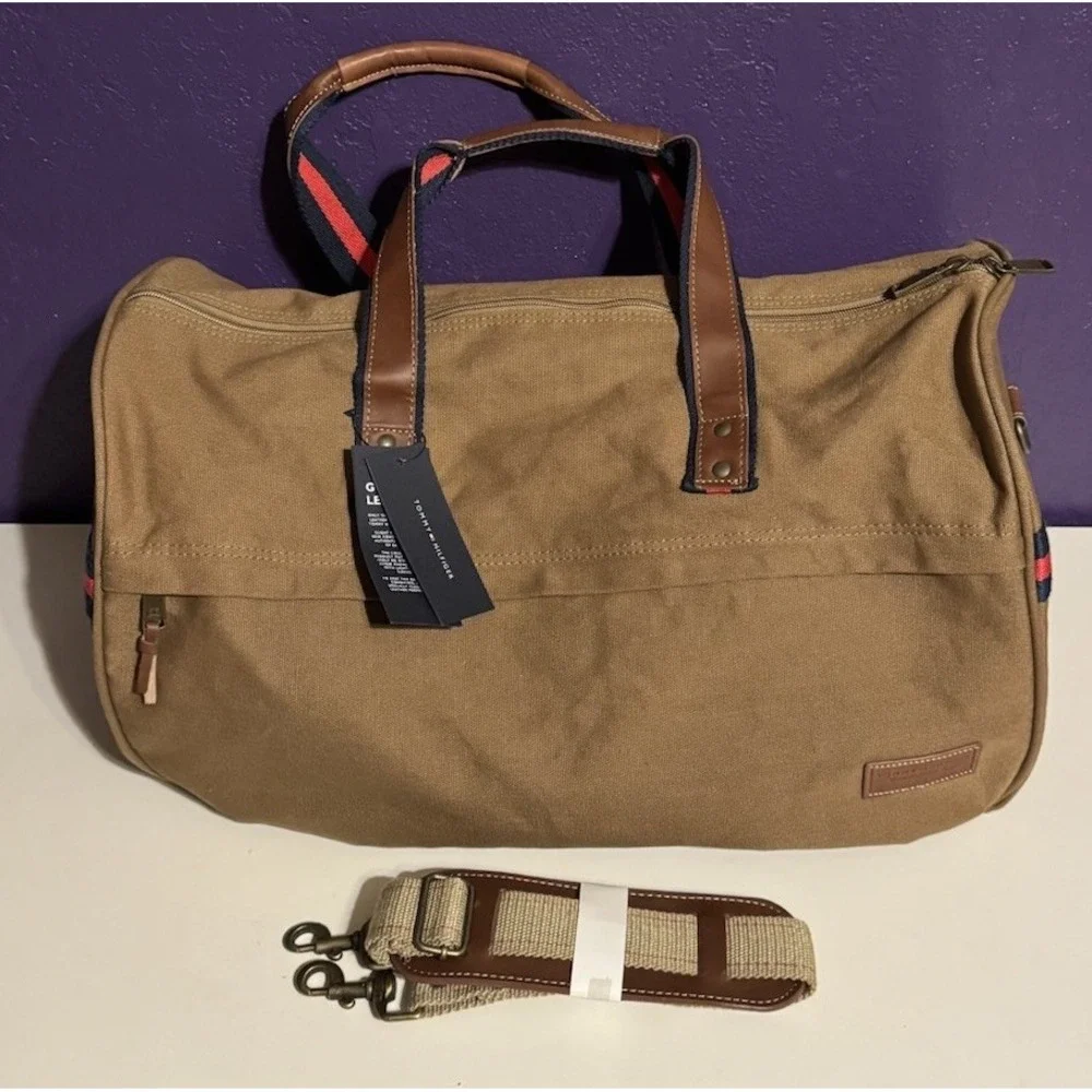 Tommy Hilfiger Canvas Leather Duffel Bag Hunting Field Luggage Travel Khaki $165